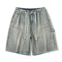 Summer New High Street Cargo Shorts Men's Vintage Jeans Washed Yellow Mud Dyed Casual Loose Straight Wide Denim Shorts