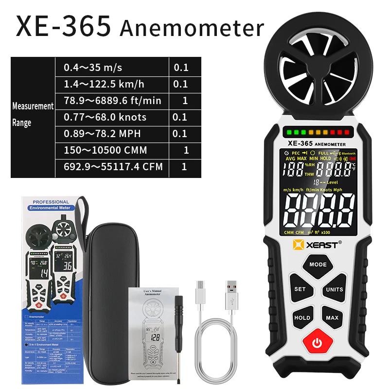 XE-365 전문가용 휴대형 디지털 풍속계, 내장형 온도계가 있는 베인형 풍속 및 온도 측정기