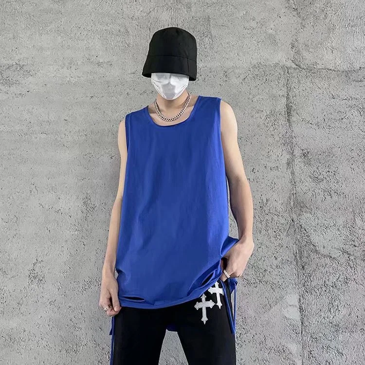 남녀공용 홍콩 스타일 민소매 티셔츠, 루즈한 조끼, 중간 길이 홀 탑, 야외 베이스레이어 홍콩 스타일, 여름