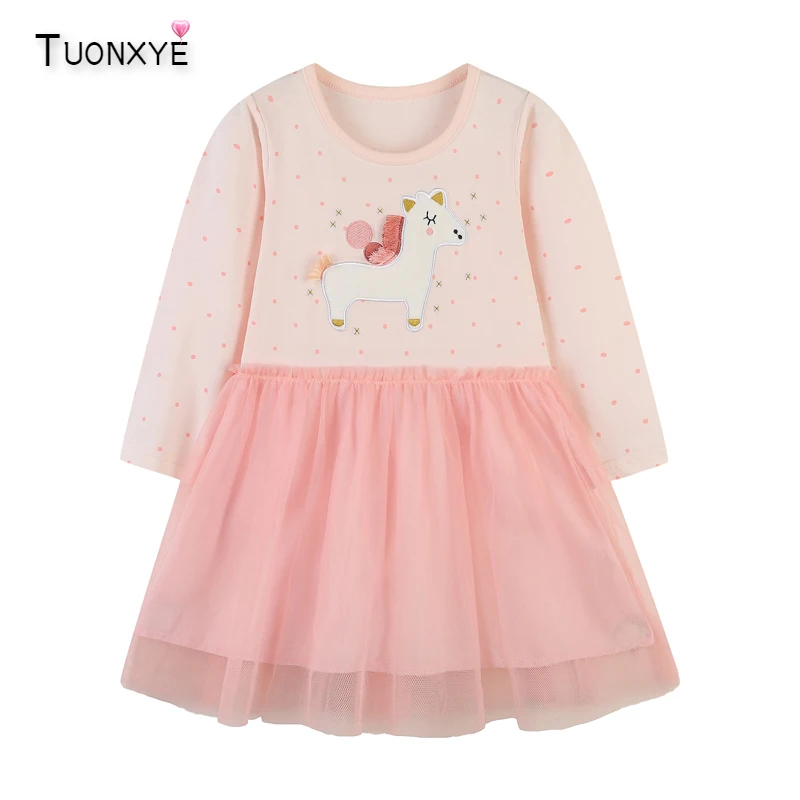 

TUONXYE Girls Long Sleeve Mesh Dress Cotton Knitting Cartoon Embroidered Unicorn Animal Stripes Casual Breathable Dresses 2-7y