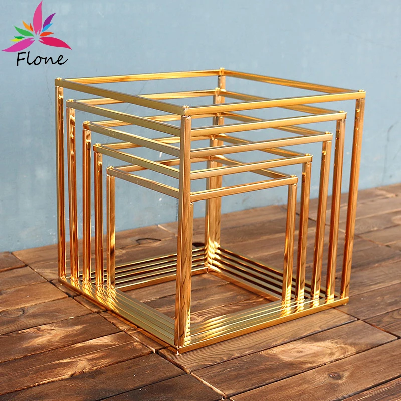 Cube Wedding Stand Lucido Oro Argento Placcato Sfondo Decorazione Cornice Quadrata Strada Piombo Metallo Ferro Fiore Stand Cake Table