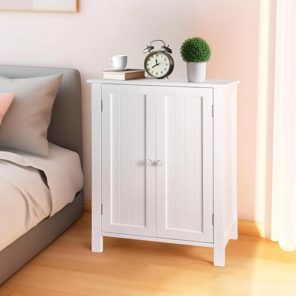Bathroom Floor Storage Cabinet with Double Door + Adjustable Shelf, Wooden Organizer Cabinet for Living Room, Bathroom, Bed 5