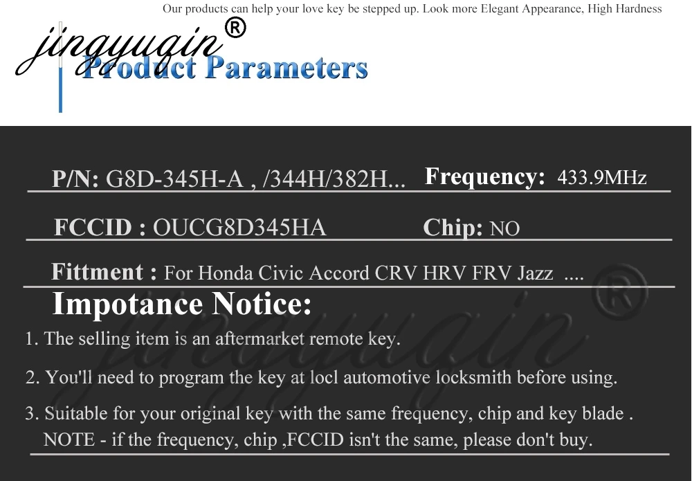 Jingyuqin G8D345HA für Honda Civic Accord CRV HRV FRV Jazz 433Mhz Fernbedienung Auto schlüssel Fob G8D-345H-A /344H-A/382H-A/348H-A/452H/350H – Detail 5