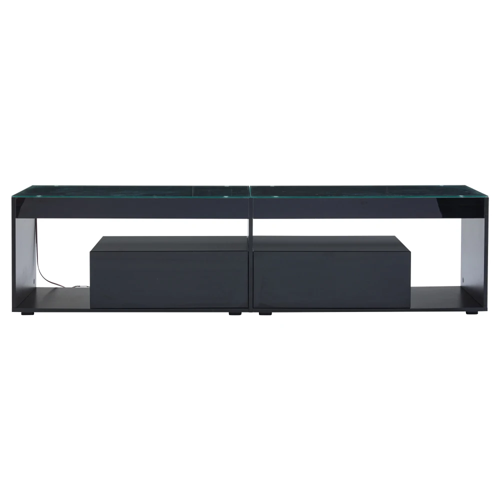 Hochglänzender LED-TV-Schrank in Schwarz, geeignet für Fernseher bis zu 70 Zoll mit 2 Schubladen, ideal als Konsolentisch für Schlafzimmer und Wohnzimmer – Detail 18
