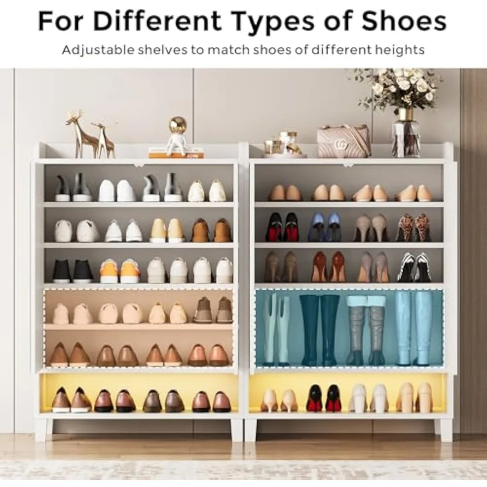 Shoe Cabinet with Mirrored Door, 7-Tier Shoe Storage Cabinet for Entryway, Freestanding Shoe Rack Cabinet with LED Light and Adj 4