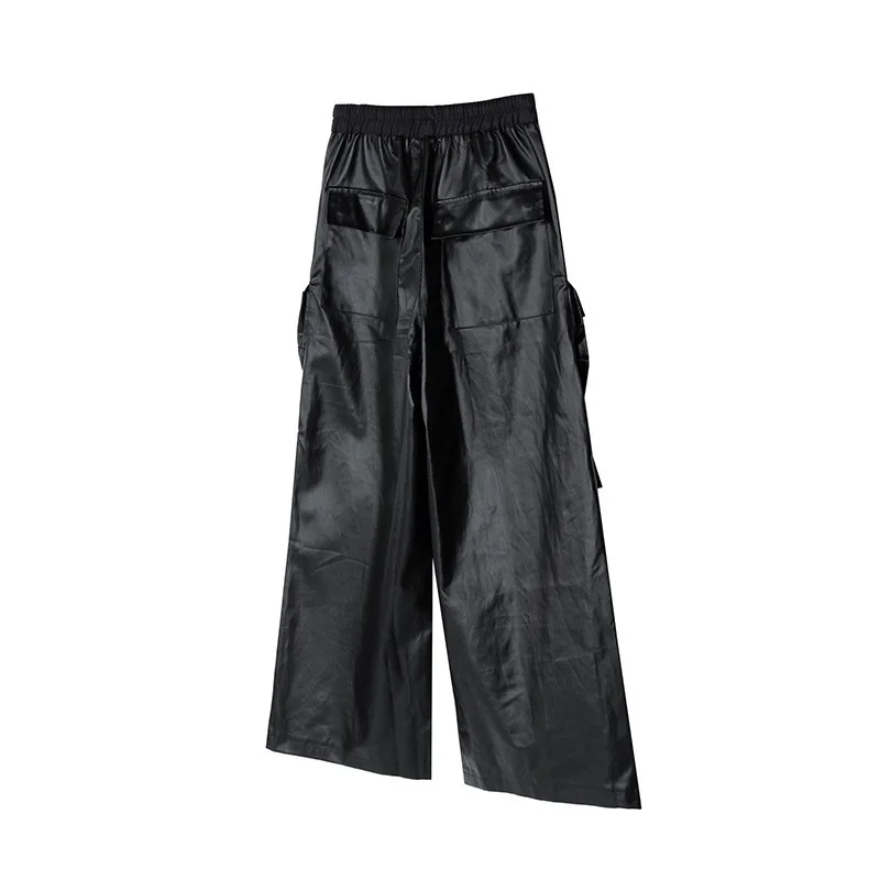 Trendy American Street Men's Work Pants PU Leather Pocket Wide Leg Trousers Solid Color Darkwear Male Casual 21Z7056 FEWQ