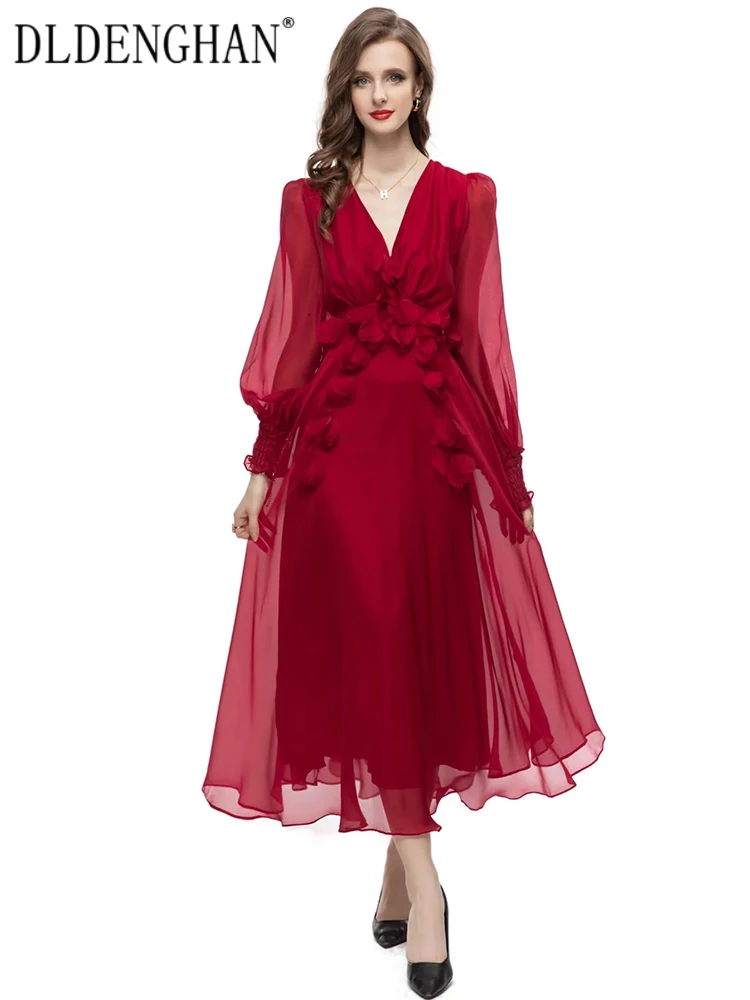 

DLDENGHAN Fashion Early Autumn Long Dress Women V-Neck Lantern Sleeve Appliques Red Elegant Party Lace-up Backless Dresses