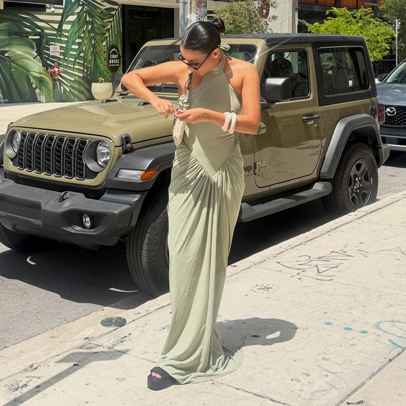 Elegante Abito Lungo Verde con Spalline Sottili, Chic e Minimalista, Senza Maniche, Aderente con Vita Arricciata, Vestito da Strada Casual per Vacanze - immagine 2