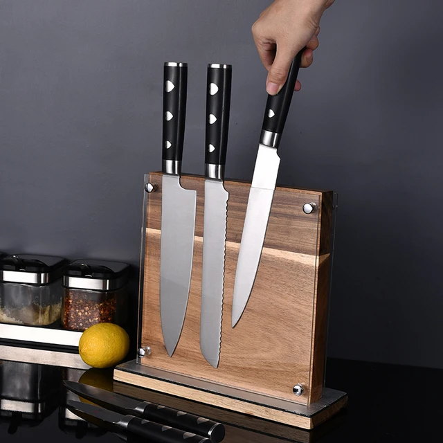 Kitchen Magnetic Knife Block with Acrylic Shield Acacia Wood Double Side  Knife Holder Rack Stands with Strong Enhanced Magnets Multifunctional  Storage