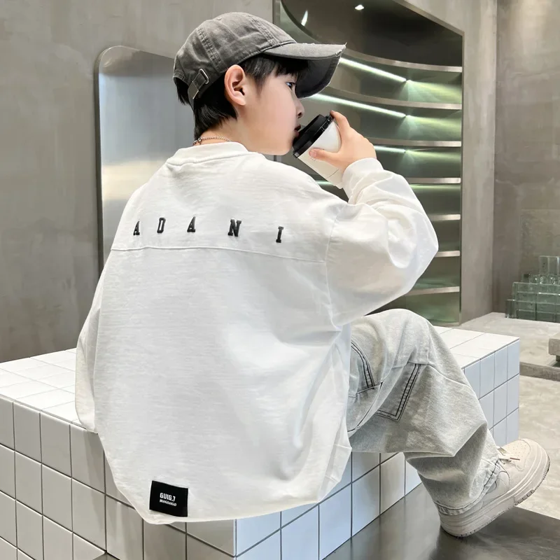 Boys' Casual Fashionable Long Sleeve Loose T-Shirt Overhead Trendy Solid Color Middle And Large Children's Clothing