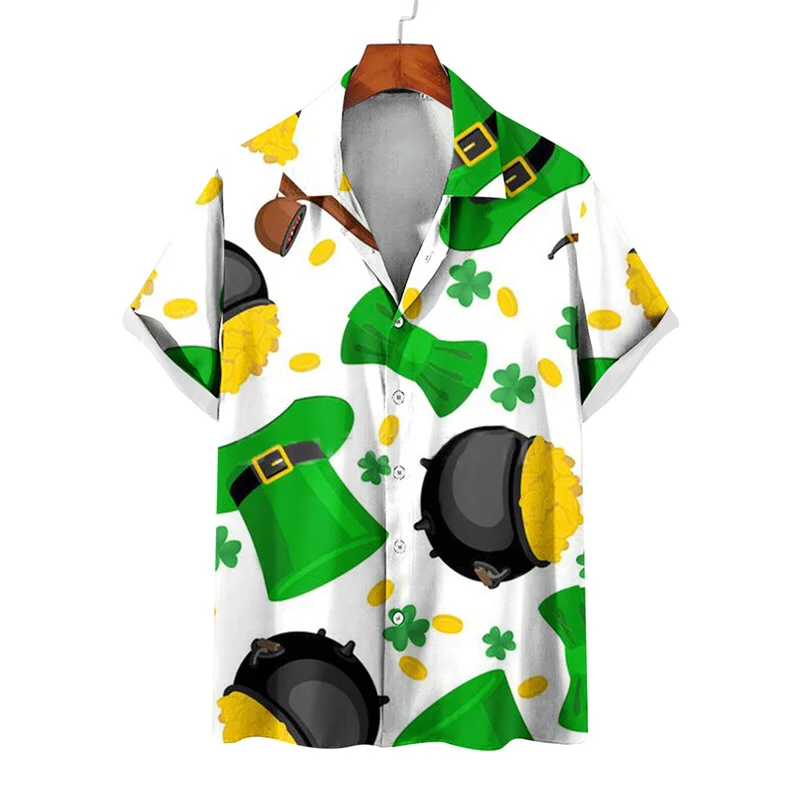 thumbnail image 1 of Camisas de playa de verano de Hawái 2024, camisa para hombre y mujer, camisa de pareja con solapa estampada de trébol de cuatro hojas, camisas florales verdes, 1 of 5