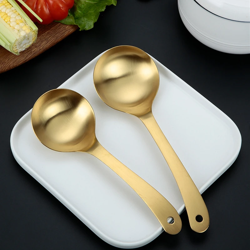 Silicone Rice Spoon Stainless Steel Rice Soup Spoon Long Handle Stirring Dessert Spoons Golden Mirror Polished Tableware
