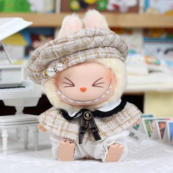 For 15cm Cute Labubu V1 V2 Mini Doll's Stylish Grid retro Cape With Beret Set Labubu Clothes Outfit Labubu Ropa Clothing Gift 1
