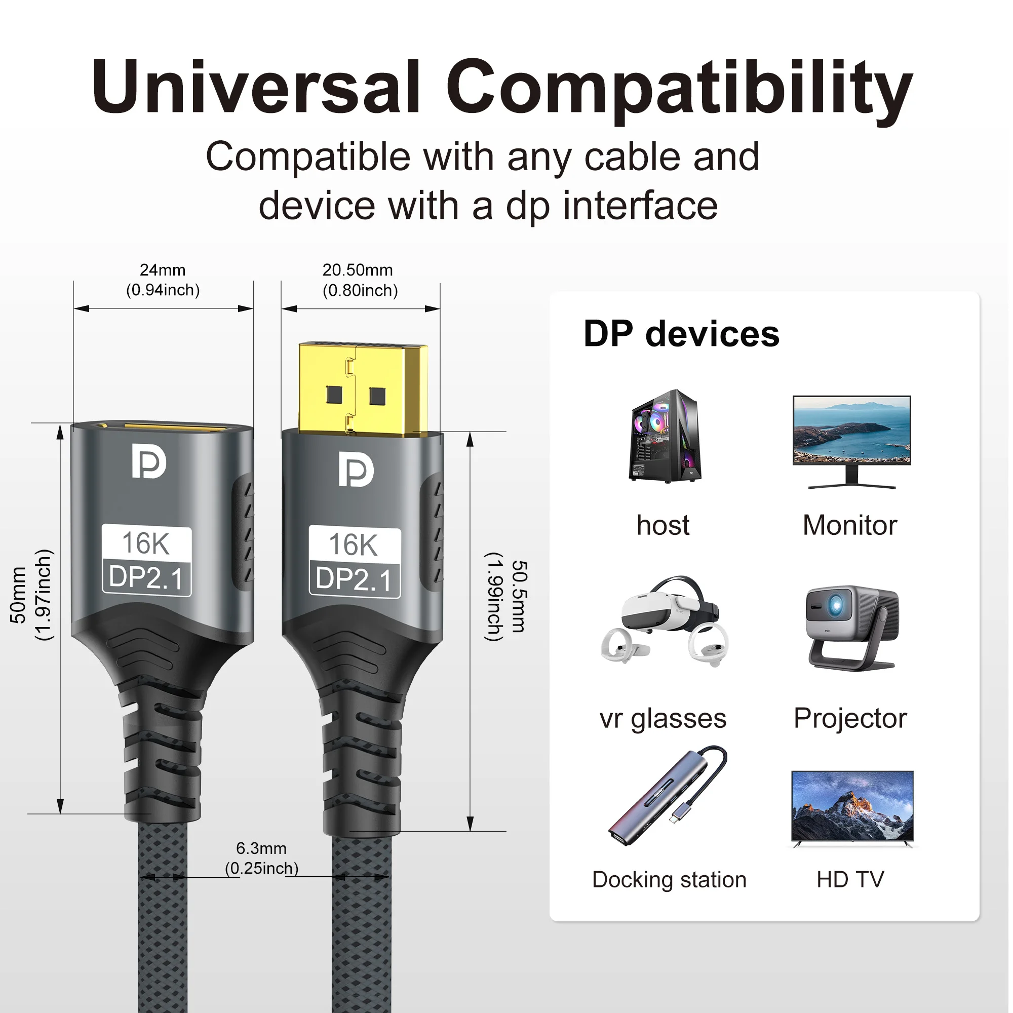 Premium DisplayPort Extension Cable - Male to Female, 16K DP 2.1, 54Gbps, Ultra HD Resolution