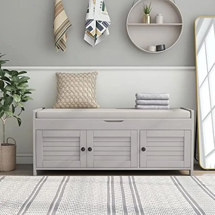 

Entryway Bench with 2 Storage Cabinets & Removable Upholstered Cushion, Rustic Style Shoe Racks w/ 3 Shutter-Shaped Adjustable