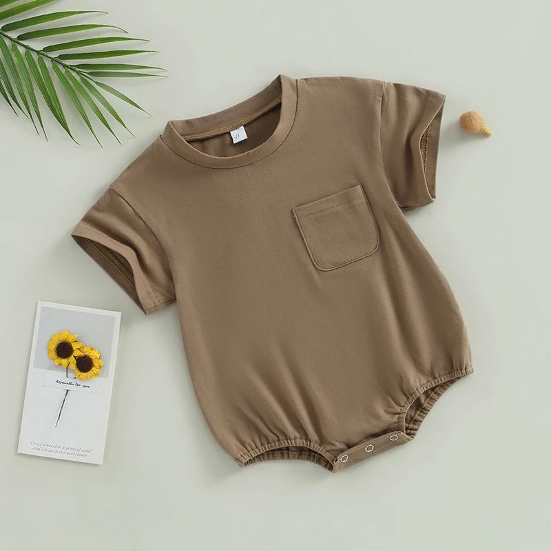 캐주얼  소년 소녀 솔리드 컬러 짧은 소매 버블 Romper 포켓 바디 슈트와 대형 티셔츠 여름  점프 슈트 옷