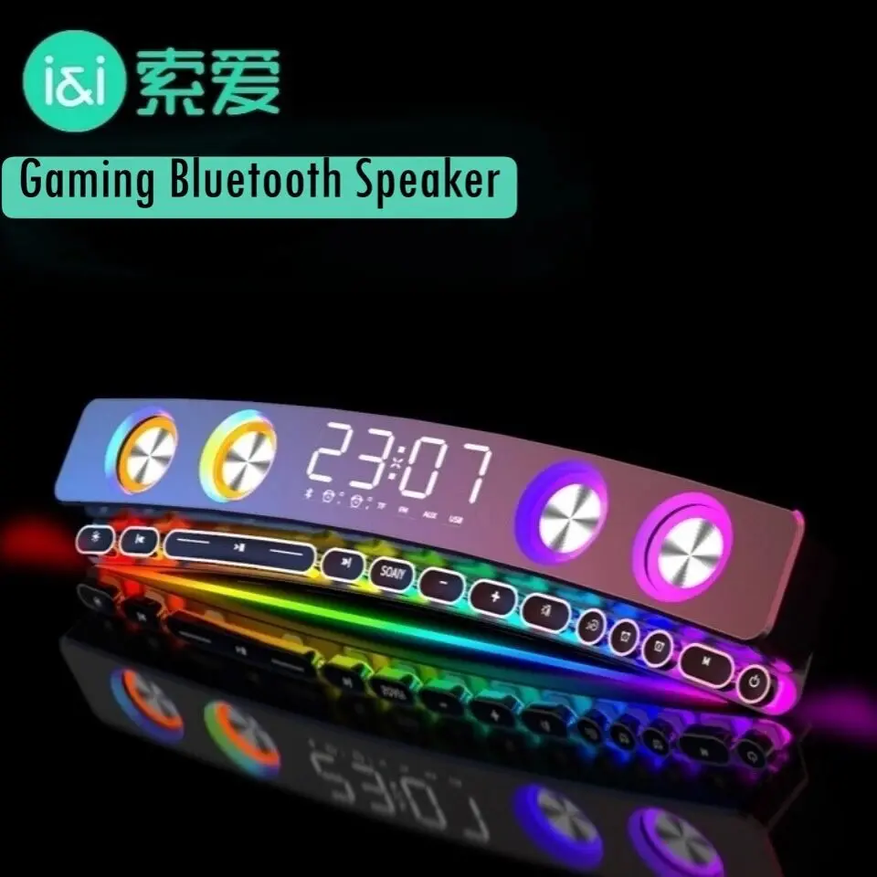 

SH39Esports Bluetooth Speaker Bar RGB Color lights 3D Stereo Surround Bass Speaker AUX FM Radio Home Clock Computer Music Center