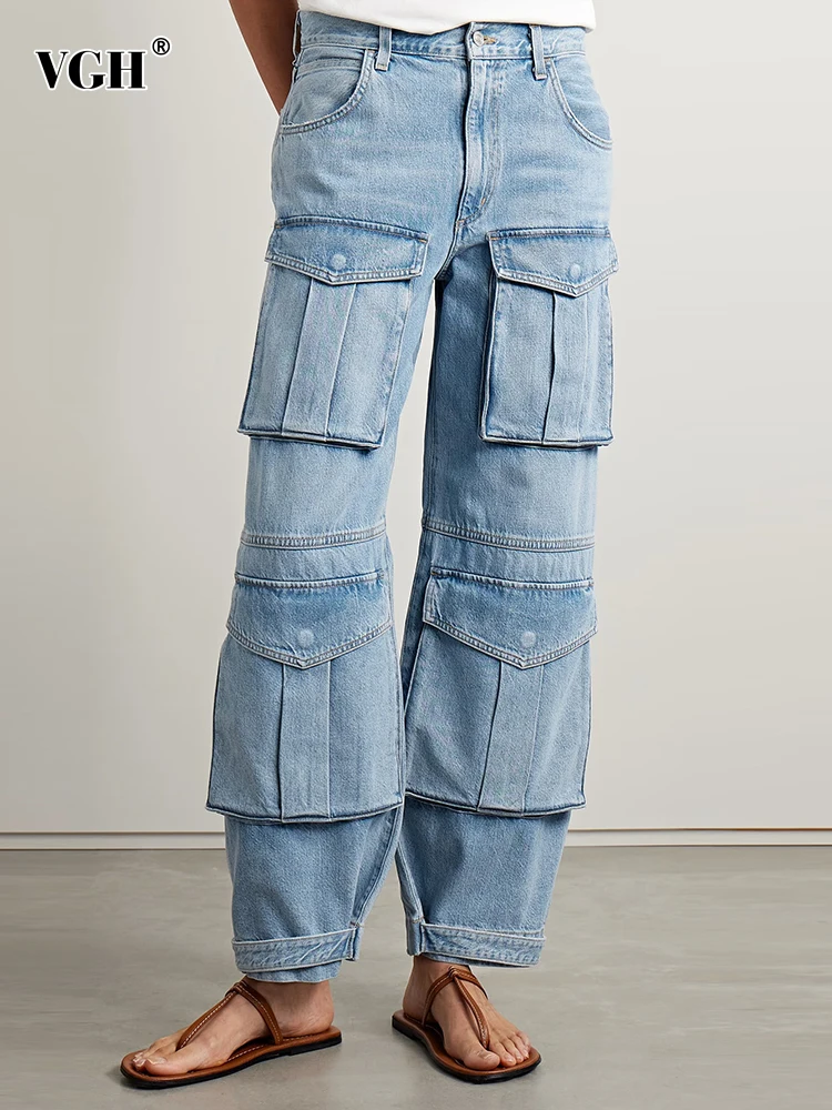 

VGH Patchwork Pockets Solid Streetwear Loose Denim Trousers For Women High Waist Casual Cargo Jeans Female Fashion Clothing New