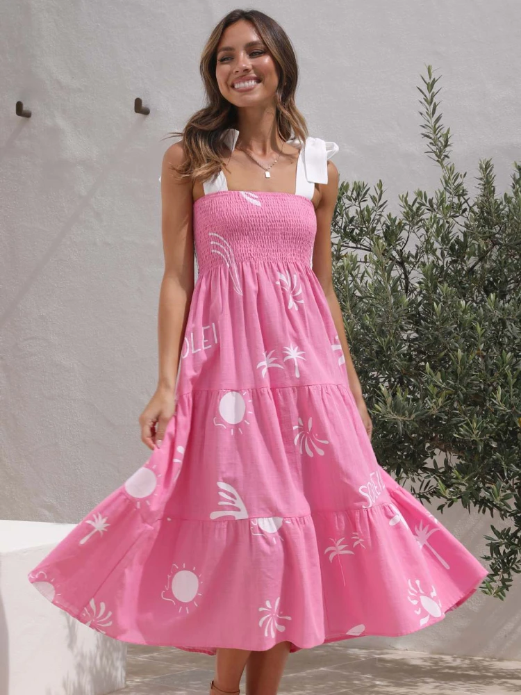 

2023 European and American Summer Dress Women New Sleeveless Lace Up Bra Temperament Printed Dresses Pullover A-line Skirt