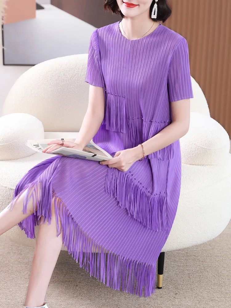 

Dress 2023 Spring And Summer New Fashion Sleeve Large Size Pleated Solid Color Long Dress