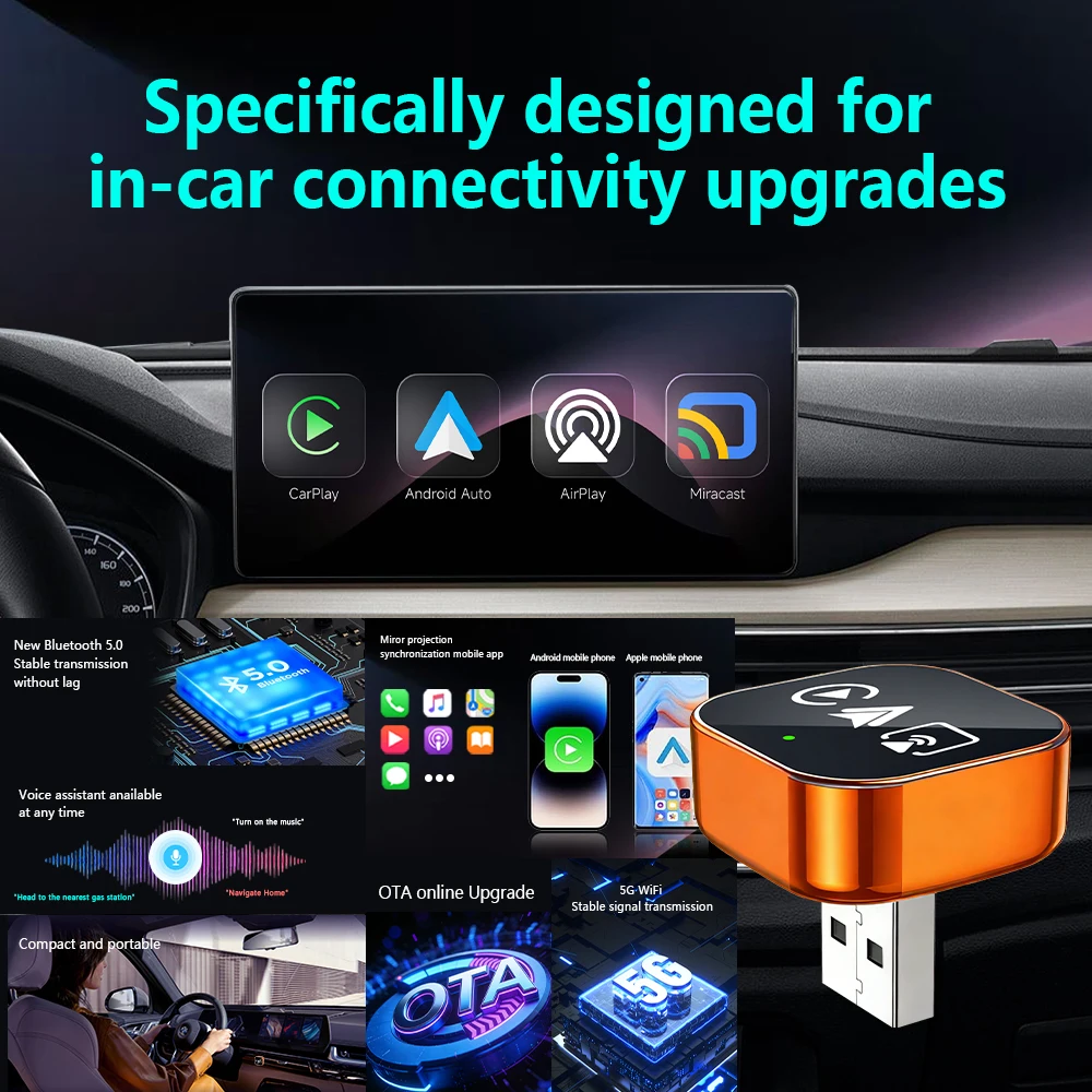 4in1 Carplay Adapter Wireless Android Auto Mirror Link Smart MiNi AI Box USB Plug and Play Auto Connect WiFi 2026