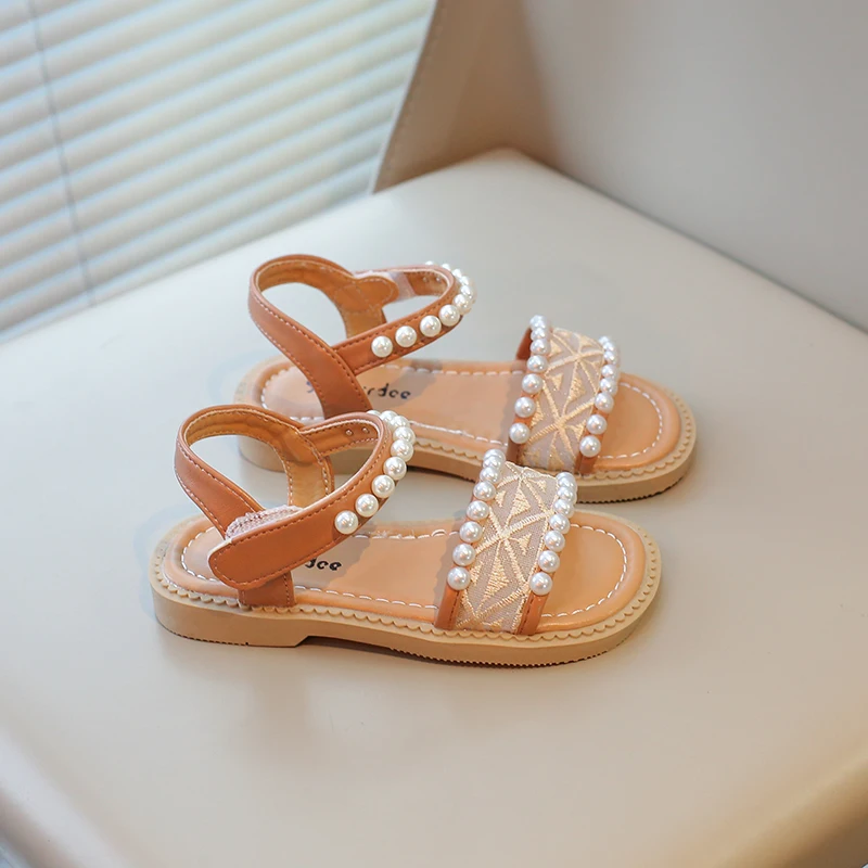 Girls Sandals Kids Summer Shoes Children's Beach Sandals with Pearls Princess Sweet Anti-slippery Open Toes Lace Chic Beading