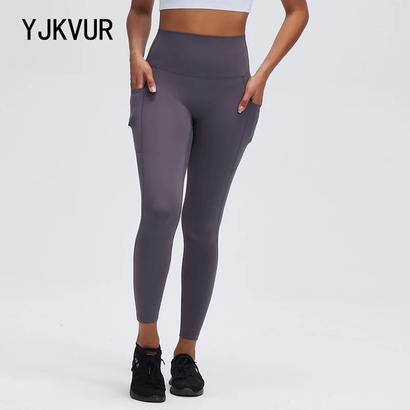 

Нейлоновые леггинсы YJKVUR, женские штаны для йоги, спортивная одежда для спортзала, эластичная дышащая спортивная одежда с высокой талией и боковыми карманами