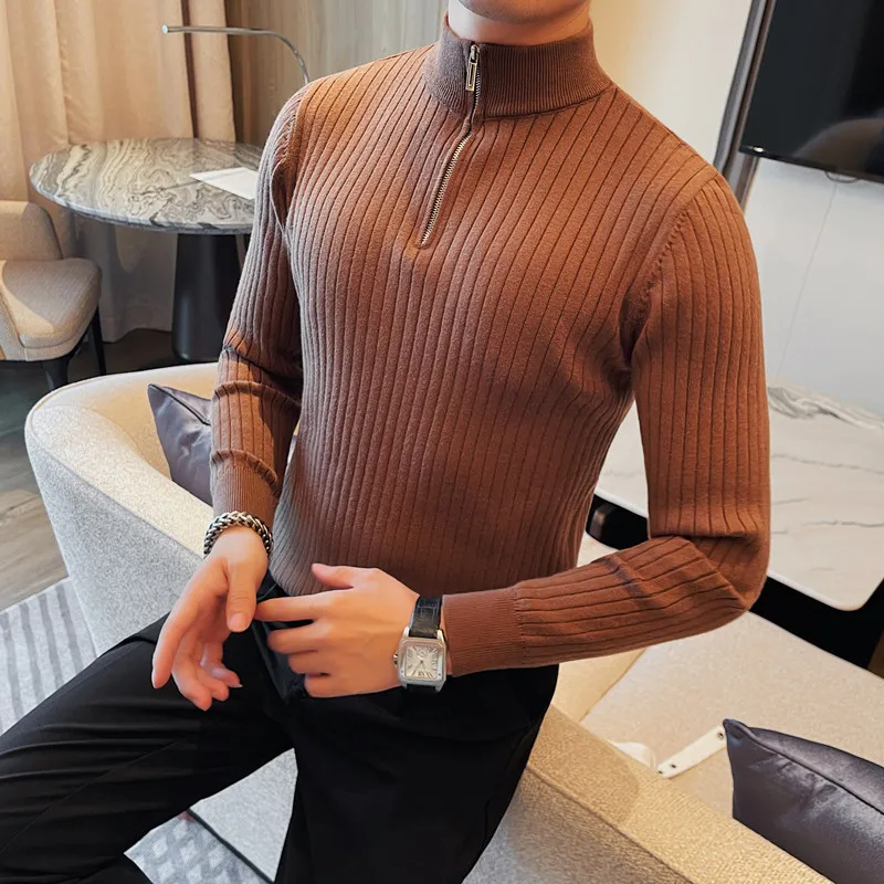 

Top Quality Stand-up Collar Half Zip Solid Vertical Striped Men's Knit Pullover Men Half Turtleneck Slim Sweater for Fall Winter