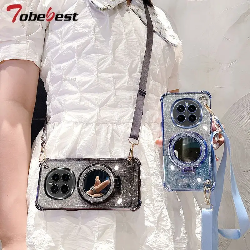 Crossbody Lanyard Shockproof Plating Case with Makeup Mirror Holder