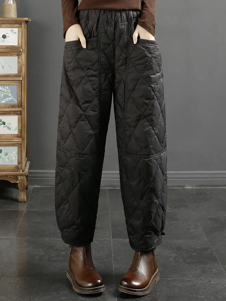Women 2023 Winter Down Cotton Trousers New Literary Retro Solid Color Rhombus Windproof Warm Padded Loose Casual Pants