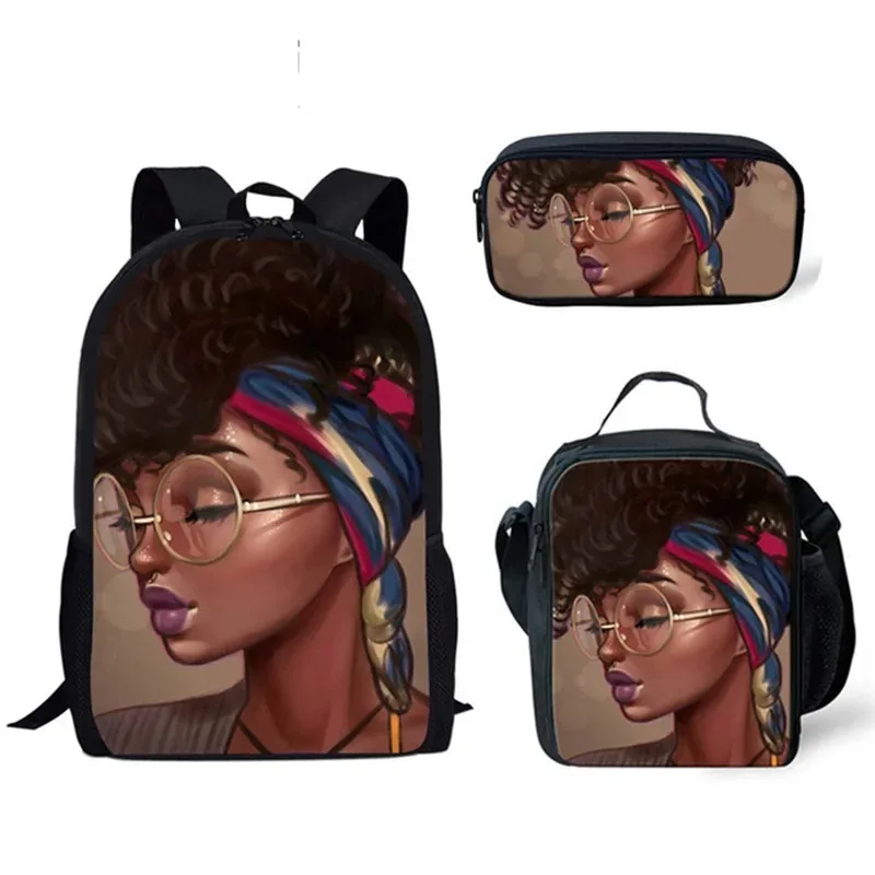Backpack with African girl print, 3pcs/set, for student, school backpack, laptop, lunch, case, popular, new
