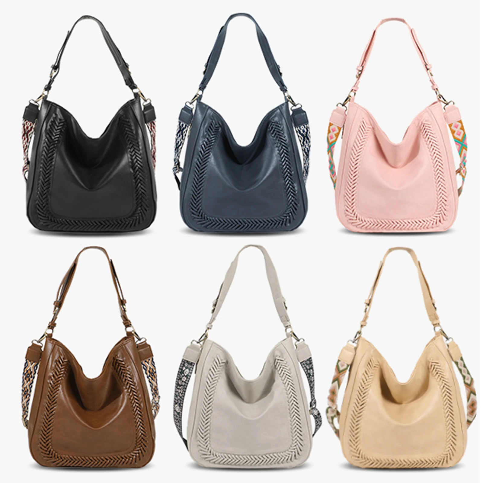 Women Hobo Bag Vegan Leather Whipstitch Crossbody Removable Guitar Strap Buckle Handle Purse Rustic Slouchy Satchel Shoulder