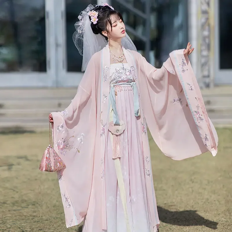 

2-piece Set Women's Chinese Traditional Pink Tang Dynasty Embroidered Big Shirt Tassel Skirt Original Improved Hanfu Fairy Dress