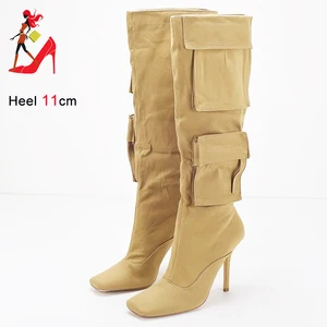Image for Women's Boots Beige Pocket Embellished Denim Fabri 