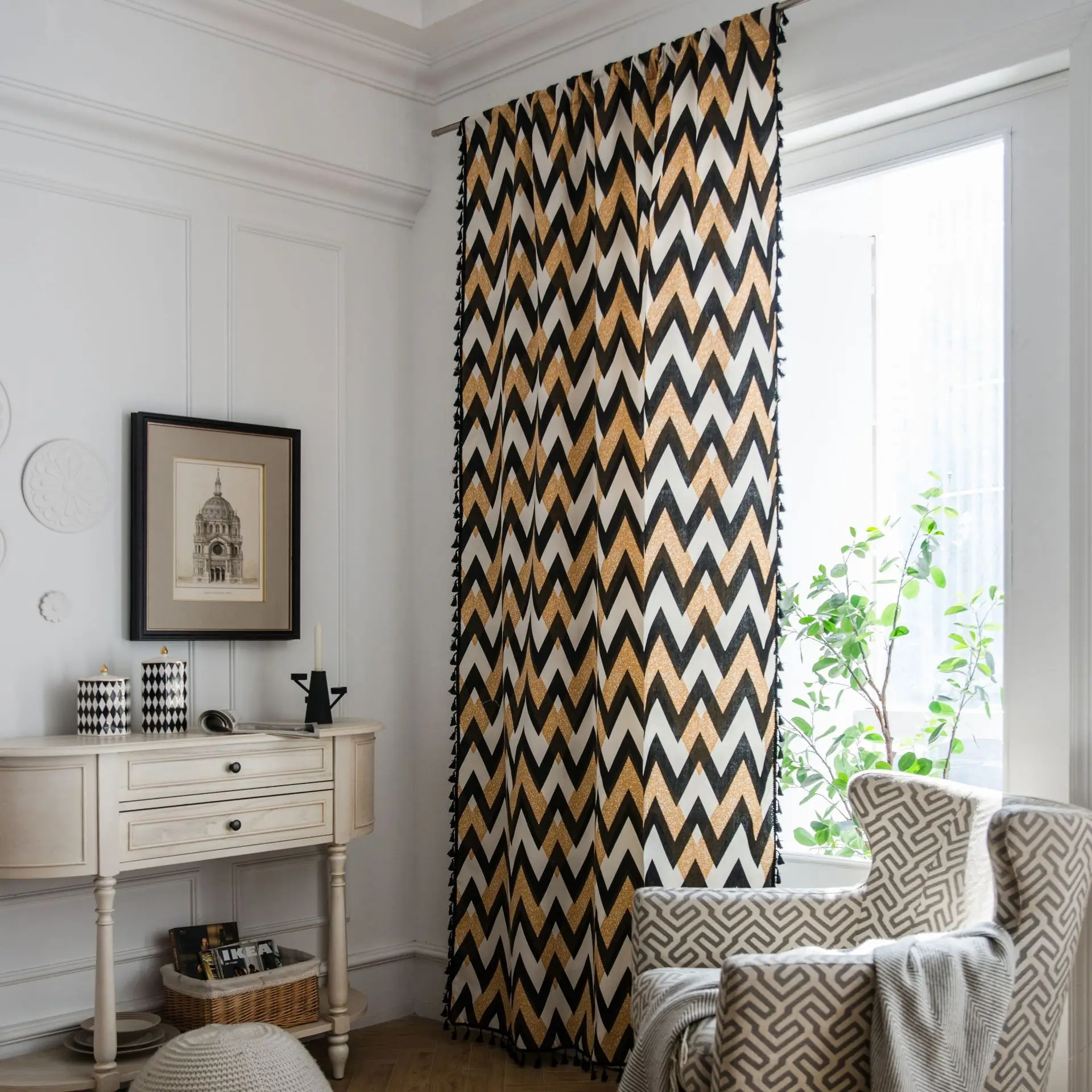 

Geometry Print Cotton Linen Curtain Thick Blackout Black Tassel Curtains for Living Room American Vintage Drape Kitchen Valance