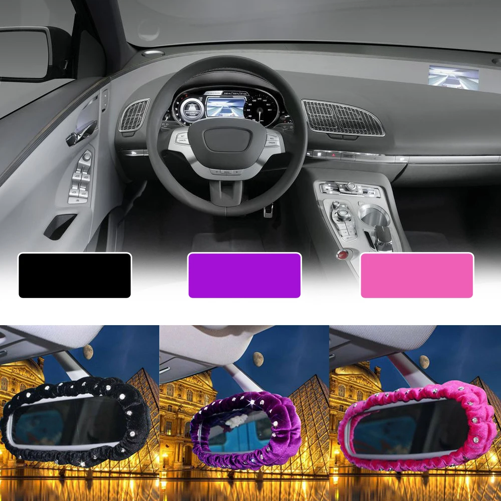 

Universal Auto Interior Rearview Mirror Decor Cover Car Plush Rhinestone Rearview Mirror Cover Black/Purple/Pink Car Accessories