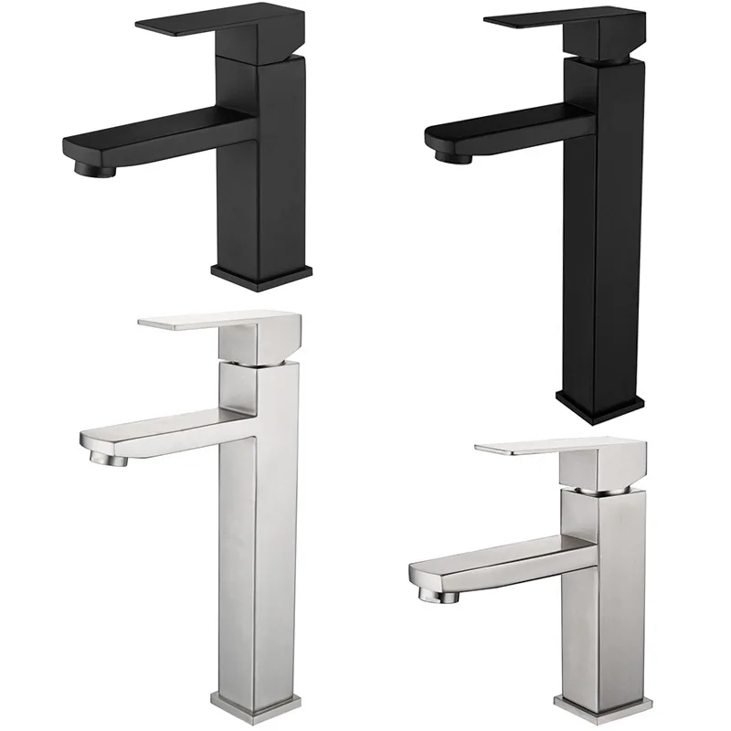 

Square Basin Sink Bathroom Faucet Stainless Steel Deck Mounted Hot Cold Water Mixer Tap Matte Black Tall Lavatory Sink Tap Crane