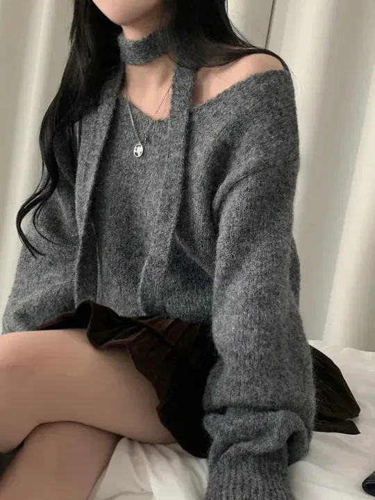 Chic Winter Knitted oulder Bared Long Sve Loose Fit One oulder Design Warm Soft Sle Commute Faion Women's Sweater