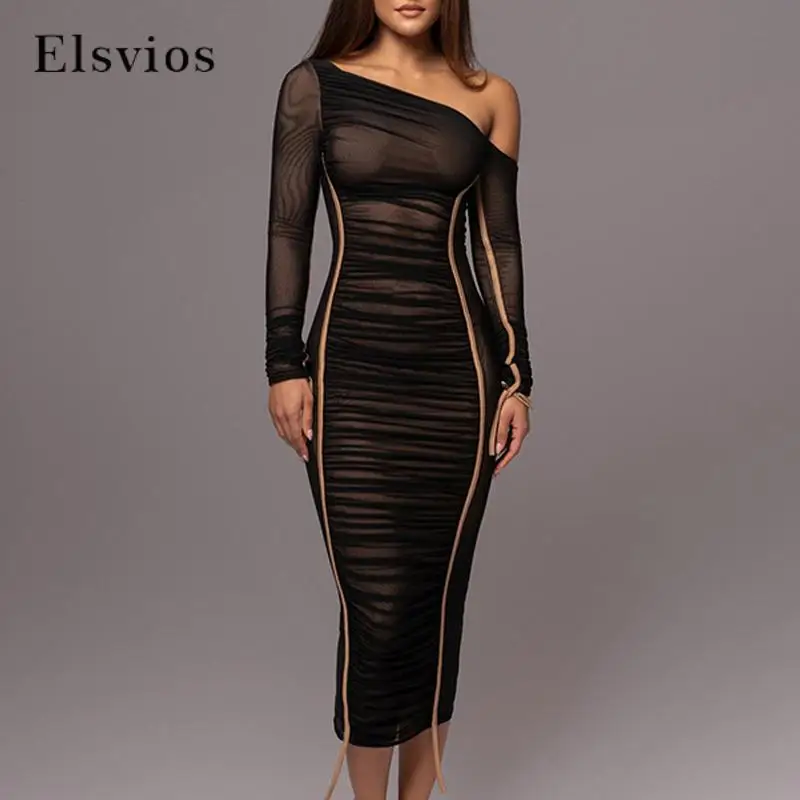 

Women's Solid Color Folded Slash Neck Commuter Dress Autumn Versatile Slim Dress Sexy Mesh Splicing Long Sleeve Party Dress