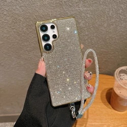 Luxury Diamond Bling Leather Phone Case with Glitter Protection and Strap - Galaxy S23 Ultra (Gold)