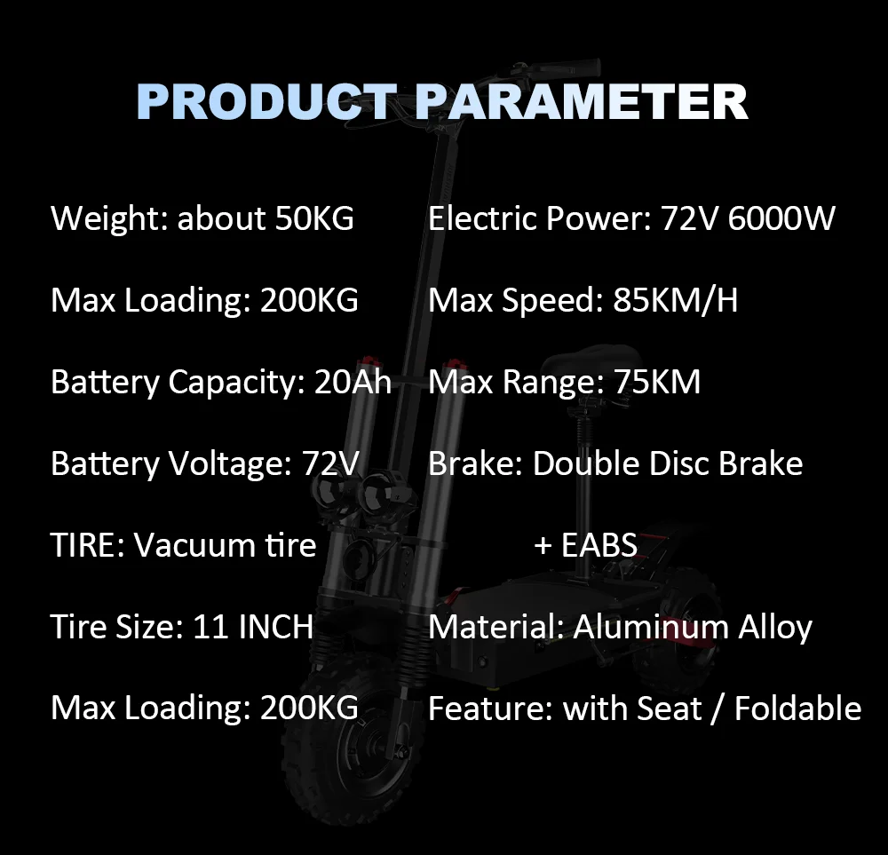 85KM/H 3 Speed Mode Electric Scooter 72V 6000W Powerful Dual Motor Scooter Electric 78KM Long Range EScooter 11" OFF Road Tires
