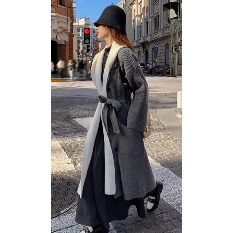 

Autumn New Long Knitted Cardigan Women Fashion Fake Two Pieces Loose Long Sleeved Sweater Jacket Chic Lace-Up Knitwear Coat Q734