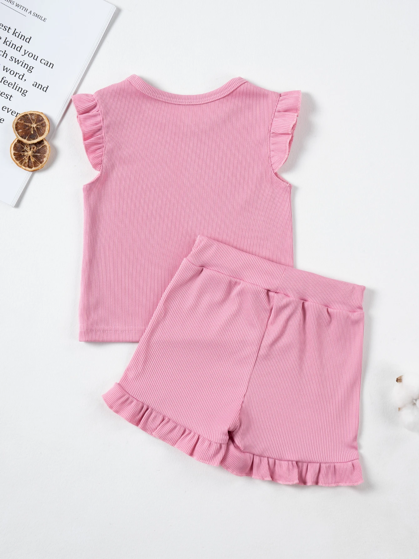Sommer Einfarbig Kleinkind Ärmelloses Set Mädchen Dash Sleeve Top + Shorts Elastische Taille Kleidung Set 2 stücke Rüschen Kinder kleidung – Detail 19