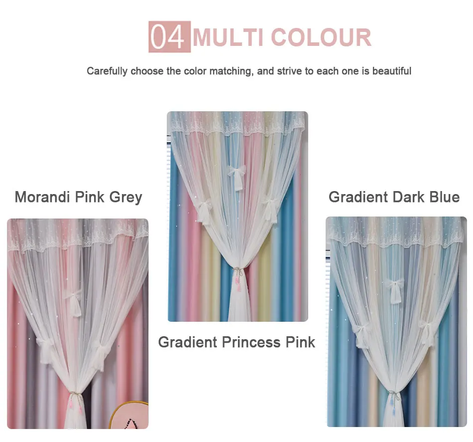 MIDSUM Bedroom Curtains Cloth Tulle Double Layer Drapes Hollow Star Decoration Window Blue Pink Gradient Curtain For Living Room