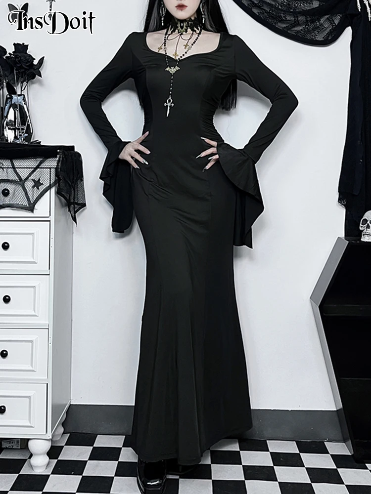 

InsDoit Darkness Midi Dress Gothic Sweetheart Neck Bodycon Flare Sleeve Women Sexy Addams Family Heroine Dress Mermaid Dresses
