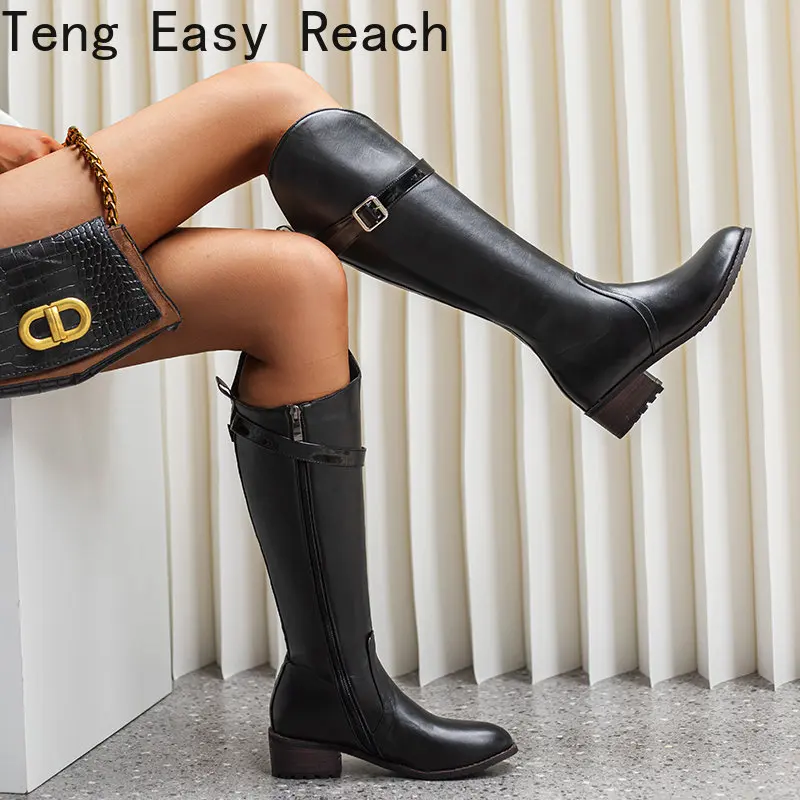 

2023 Fashion Women Motorcycle Boots Faux Leather Thick Low Heel Knee High Boots Square Toe Zipper Autumn Winter Ladies Shoes
