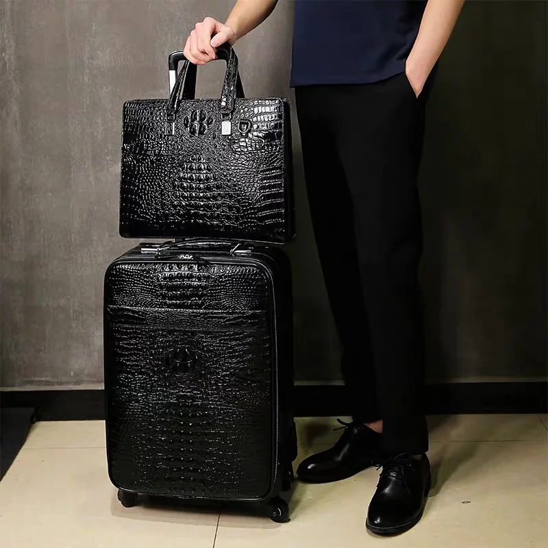100% Real Leather travel luggage with handbag men head cowhide universal  wheel crocodile pattern suitcase 20 inch boarding case - AliExpress