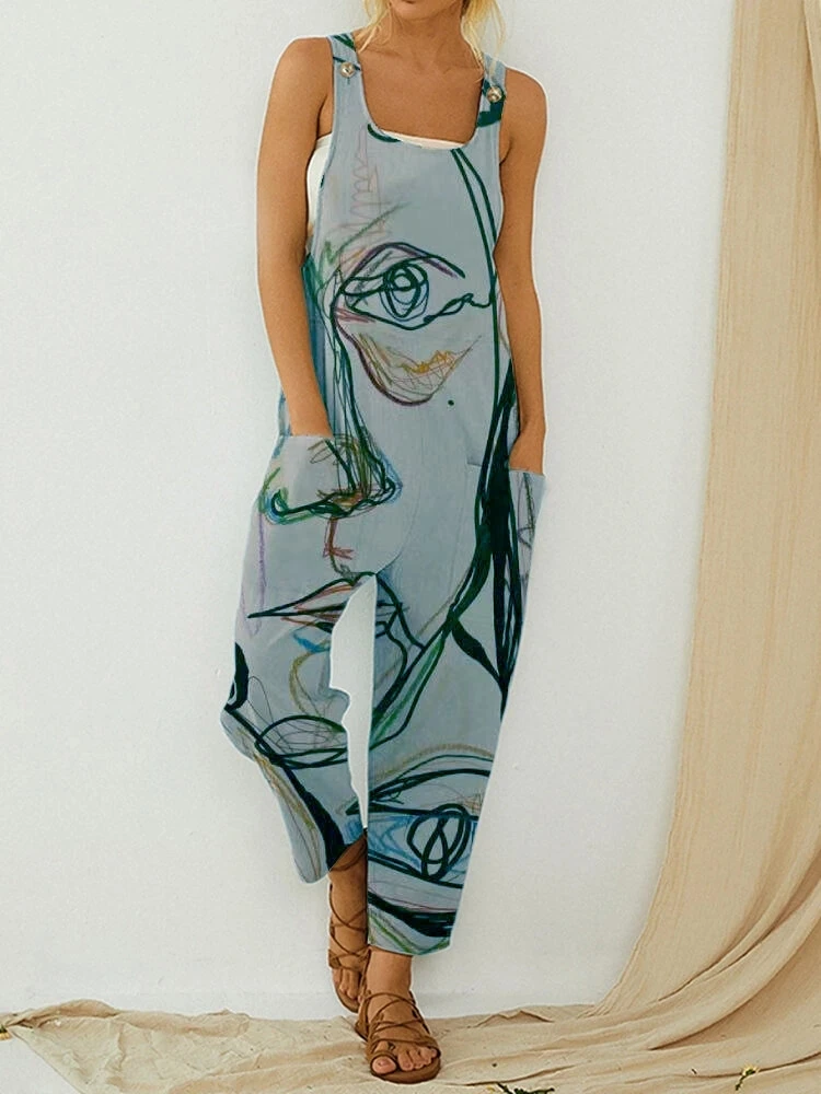 

Women's Abstract Print Loose Overalls, Cotton and Linen, Button Straps, Summer Jumpsuits, New