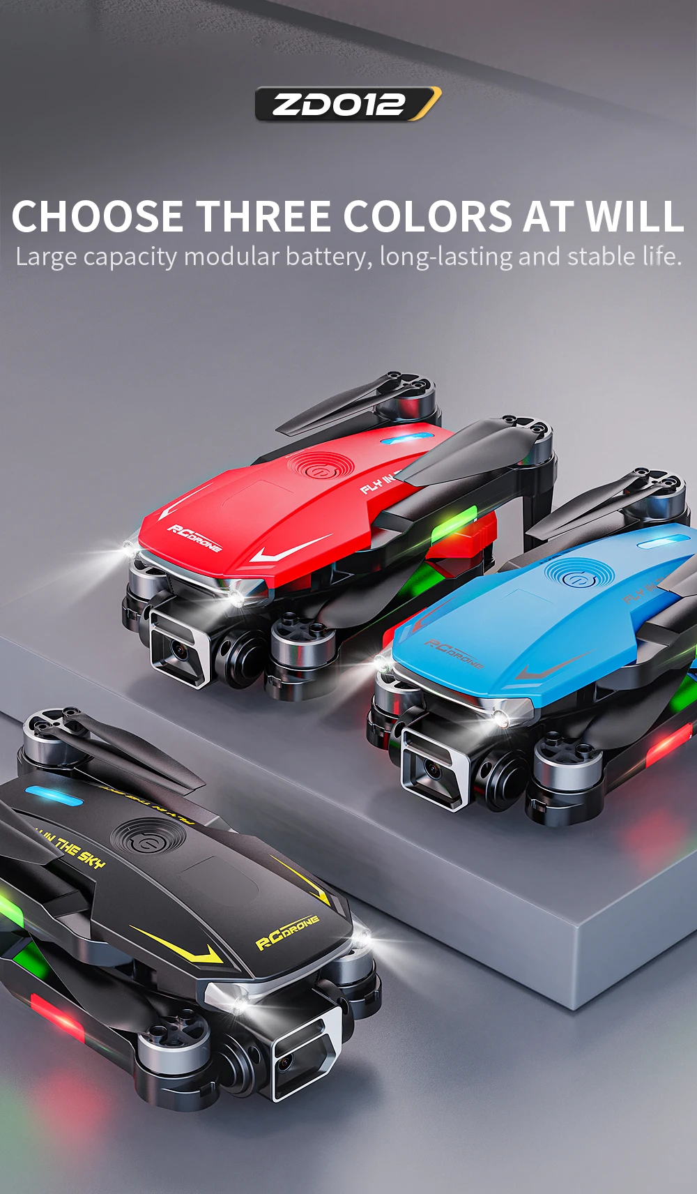 The ZD012 Drone is a mini drone that weighs under 250g, featuring dual cameras for 1080P video and a modular battery for extended flight.