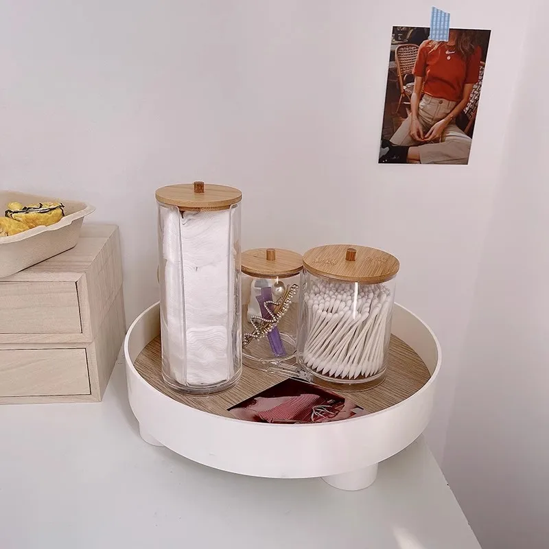 Acrylic storage box bathroom basin makeup organizer circular cotton swab holder QTip dispenser with bamboo cover 3